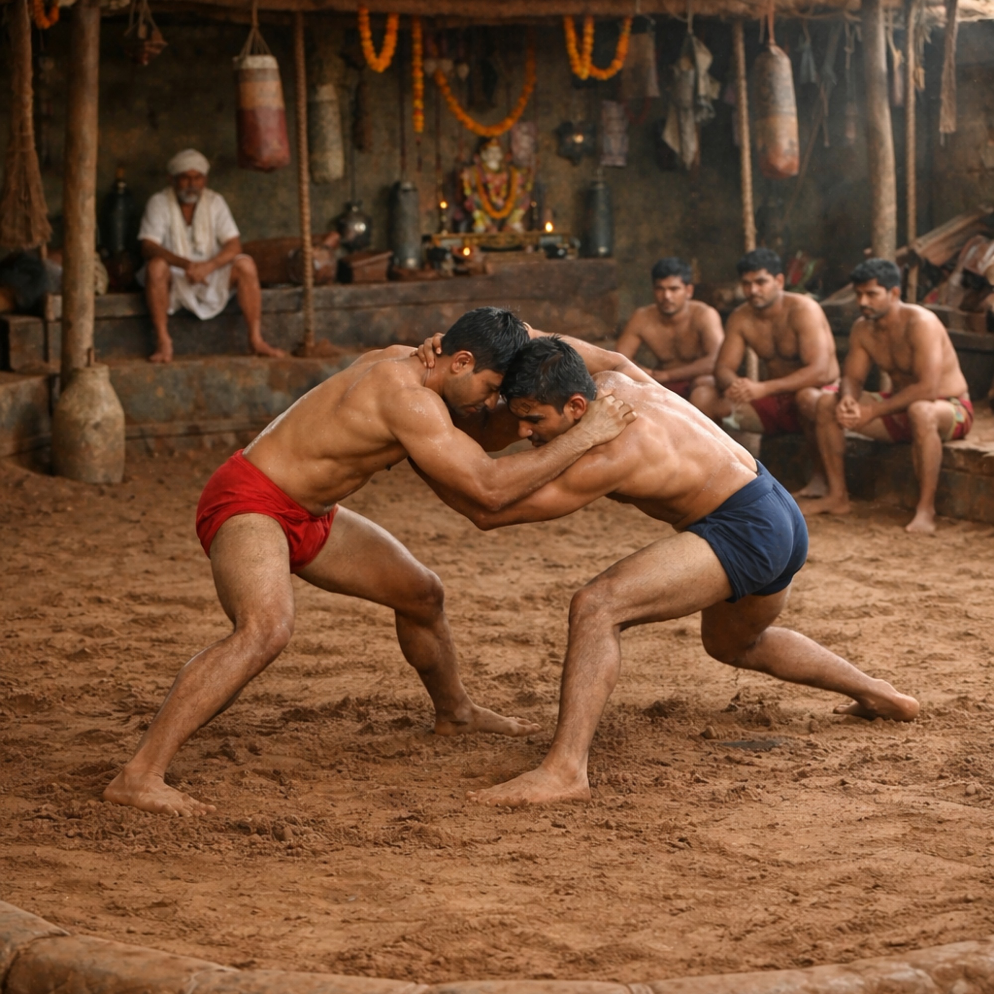 Kusti traditional wrestling training at Shree Bhavani Aakhada Malad East — builds raw strength, discipline and self-confidence under Guru Parampara